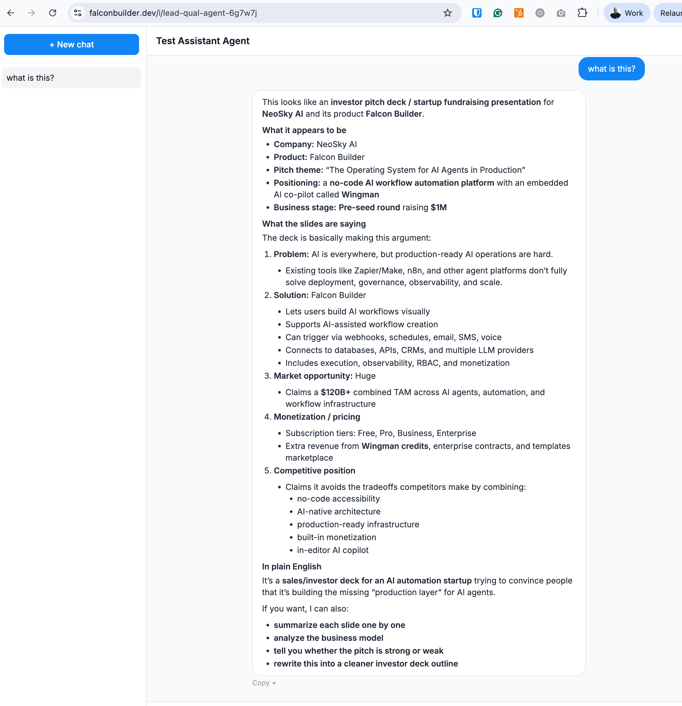 Hosted chat assistant answering a question about an uploaded deck, with a history sidebar