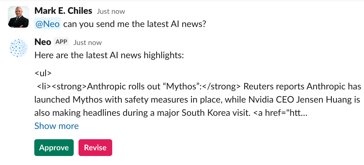 A Slack thread where an agent drafts an enterprise email, with Approve and Revise buttons