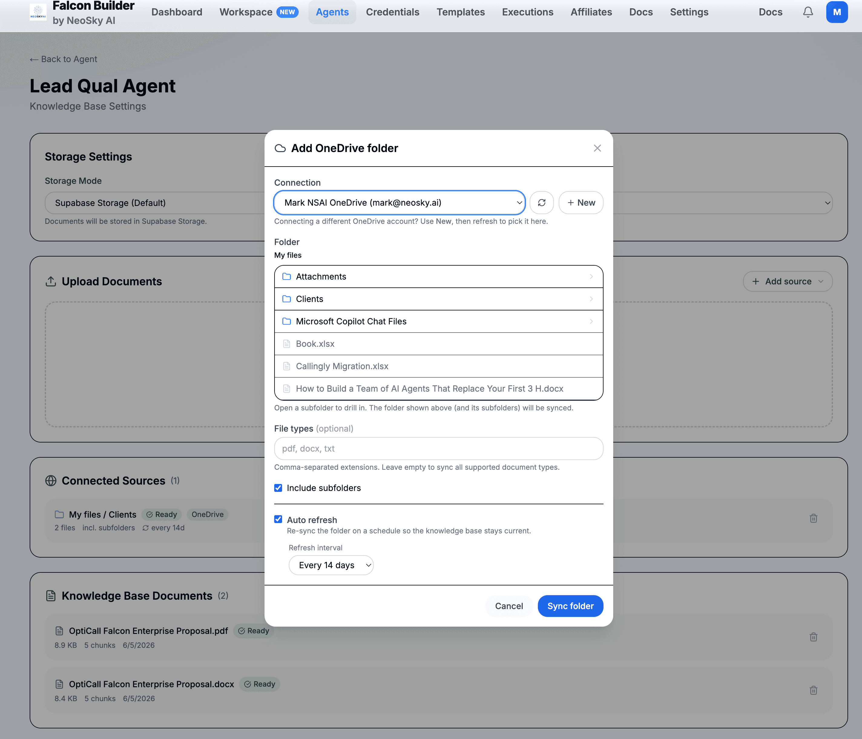 Add OneDrive folder modal inside Knowledge Base settings