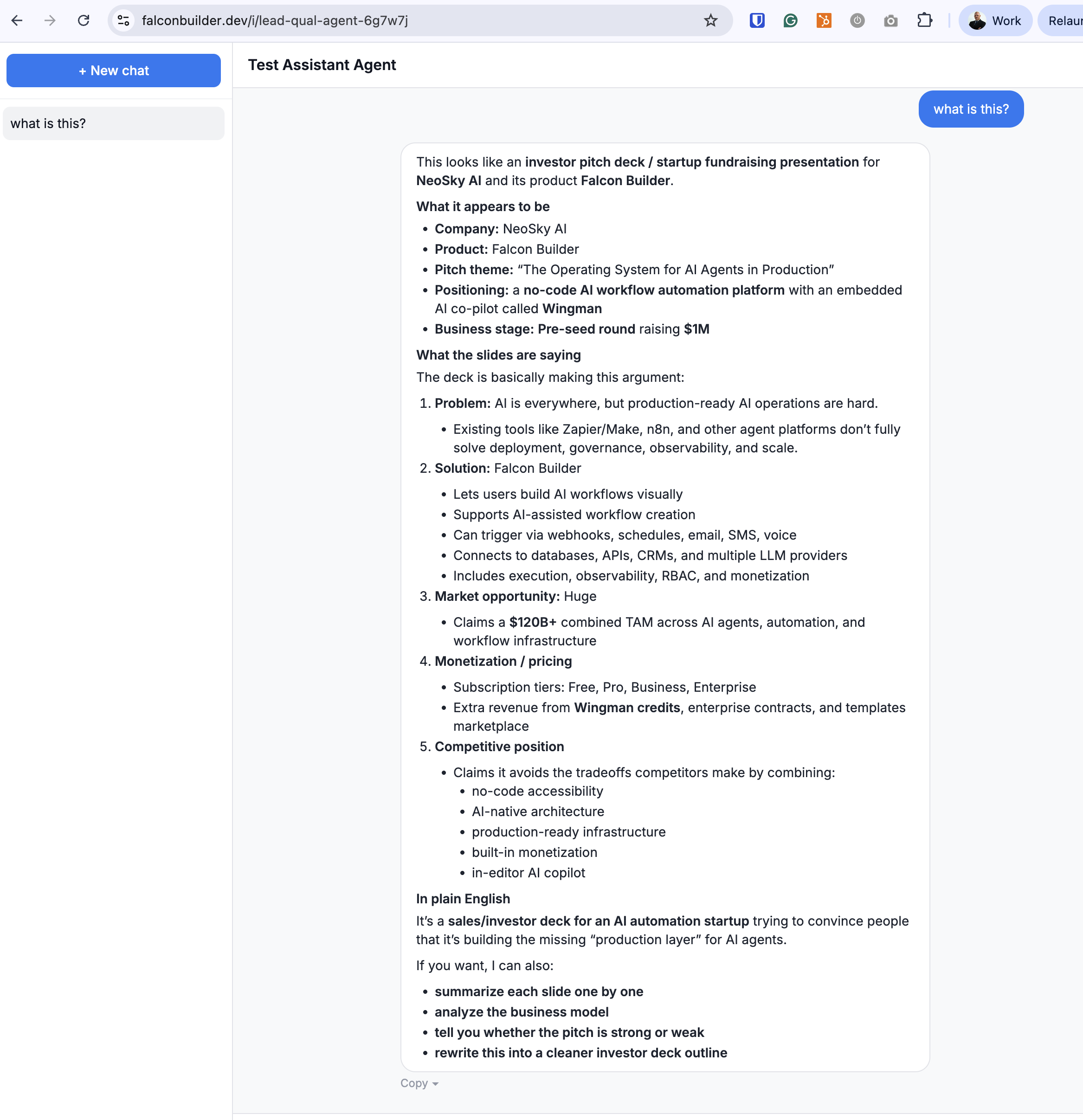A hosted chat assistant answering a question about an uploaded document, with a conversation-history sidebar