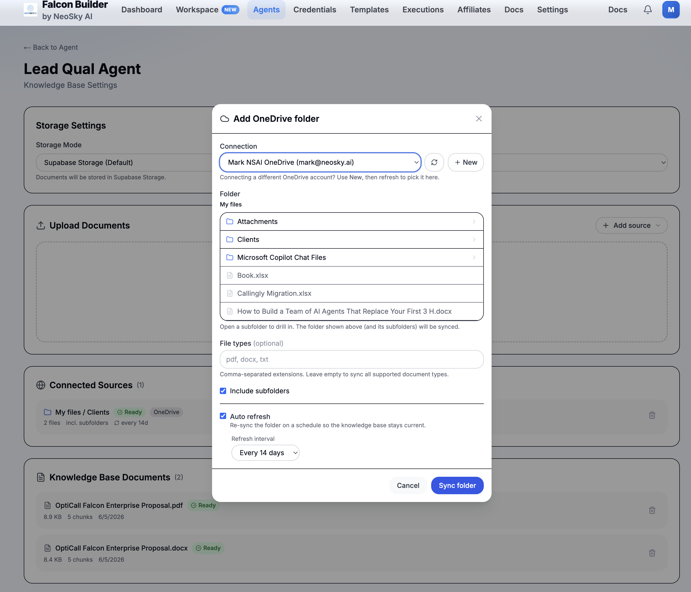 The Add OneDrive folder dialog inside Agent Knowledge, with a folder browser and an auto-refresh interval