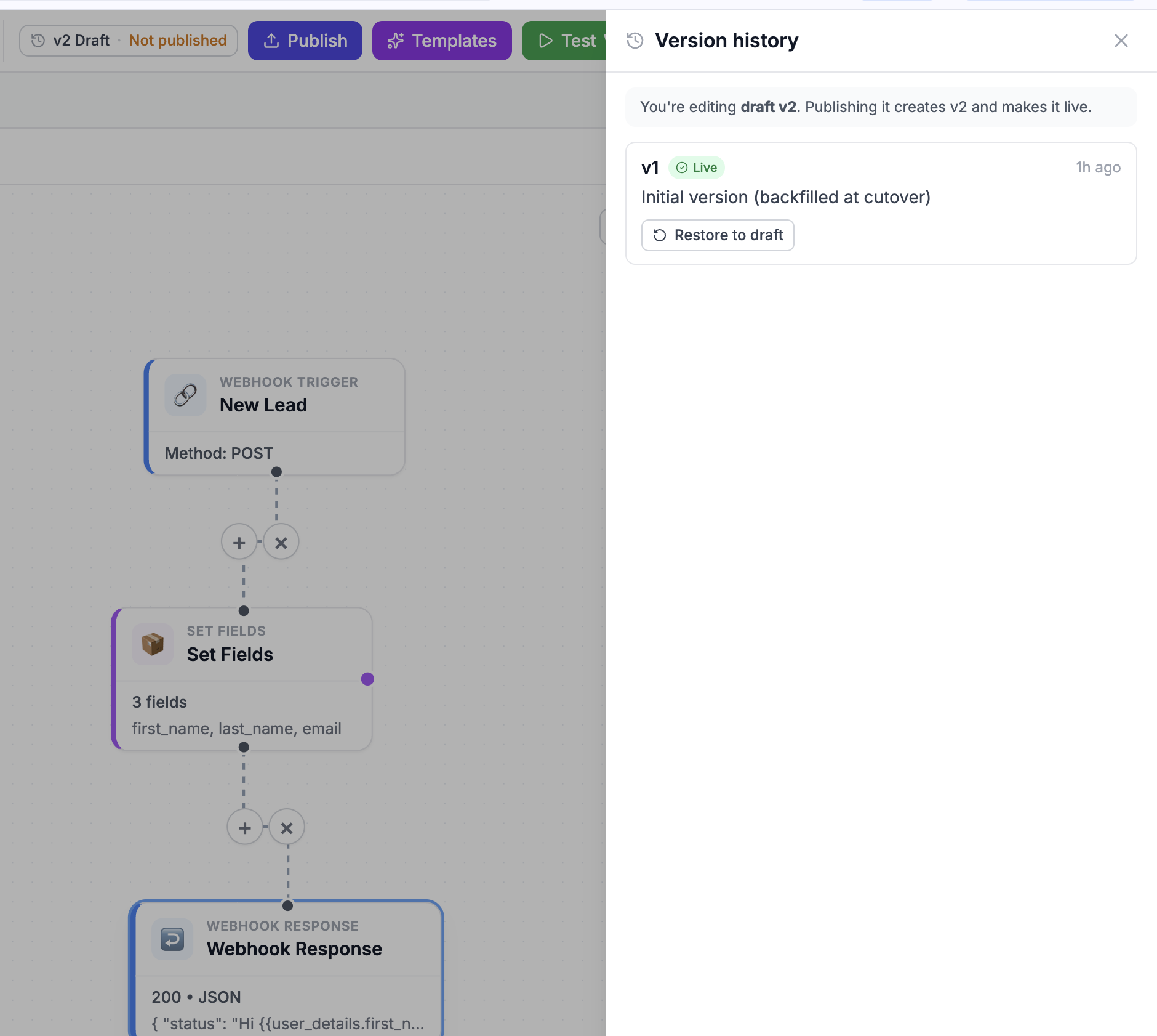 A version-history panel showing an editable draft v2 alongside a live v1 with a restore-to-draft option