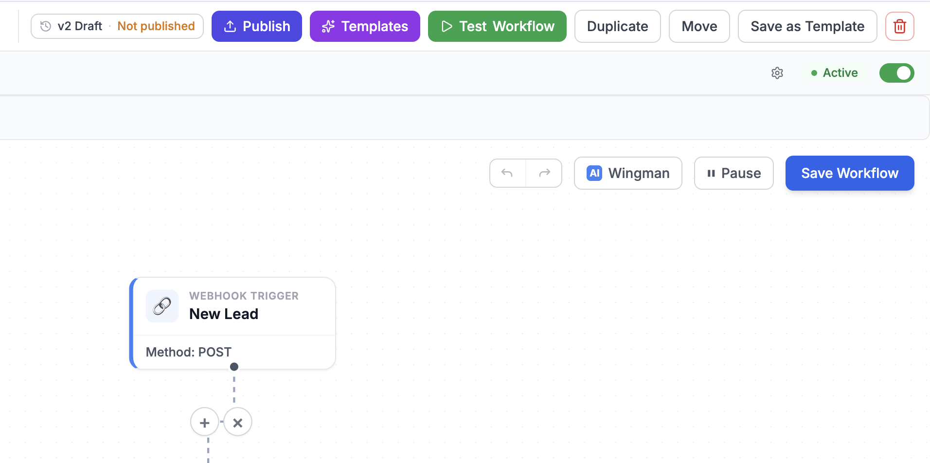 The workflow editor toolbar showing a 'v2 Draft — Not published' status pill next to a Publish button, with Templates, Test Workflow, and other controls, and an Active toggle.