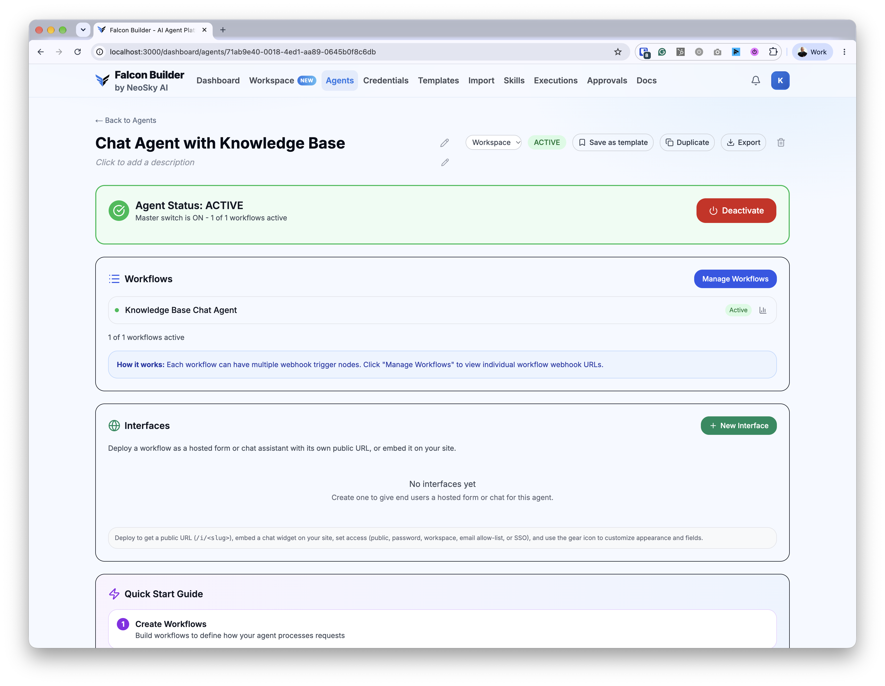 The Falcon Builder workflow canvas running at localhost:3000 in a browser, showing a multi-node agent workflow.