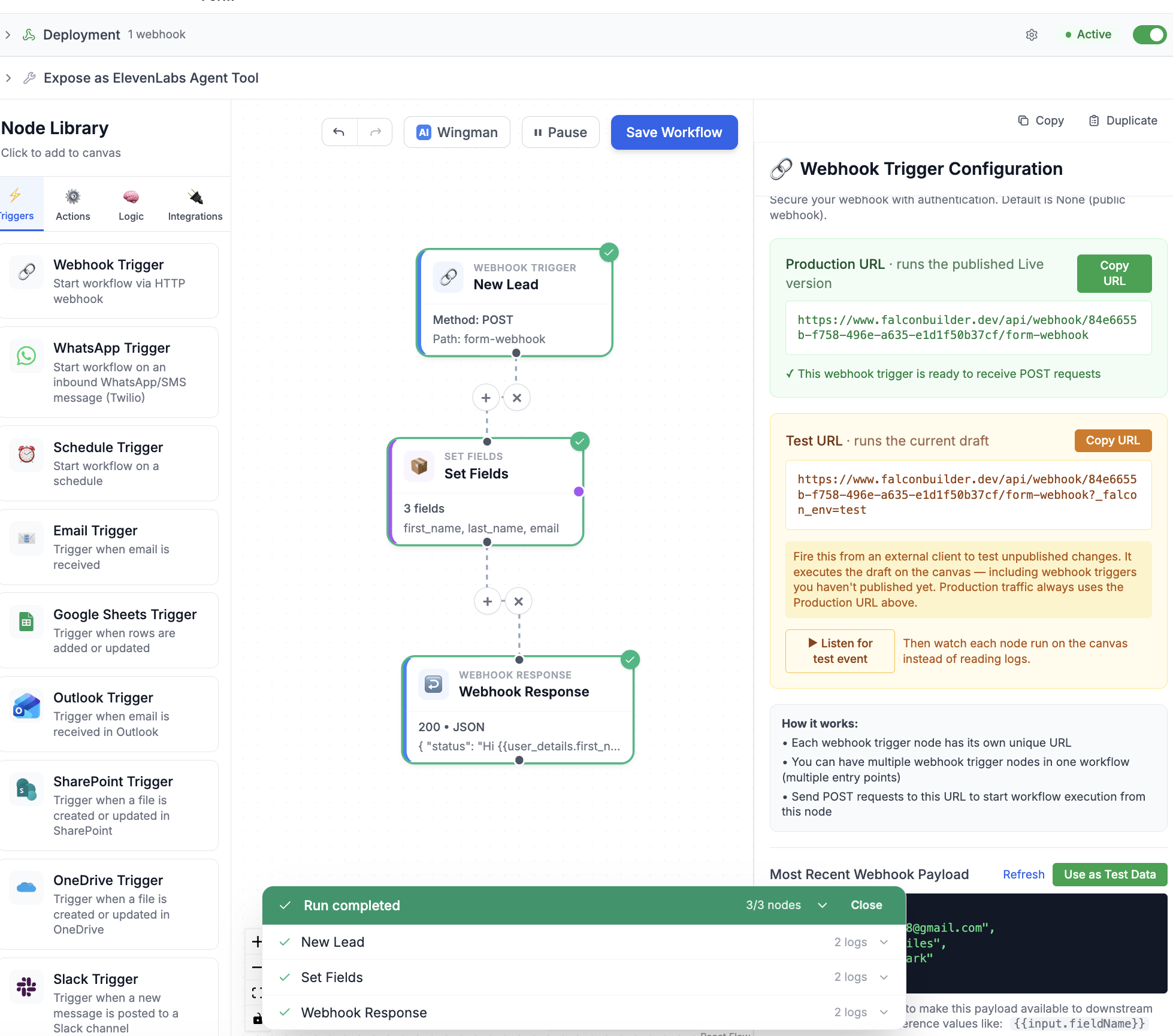 A completed test run on the Falcon Builder canvas. The webhook trigger, Set Fields, and Webhook Response nodes are each outlined in green with a checkmark, and a run drawer reads 'Run completed — 3/3 nodes.'