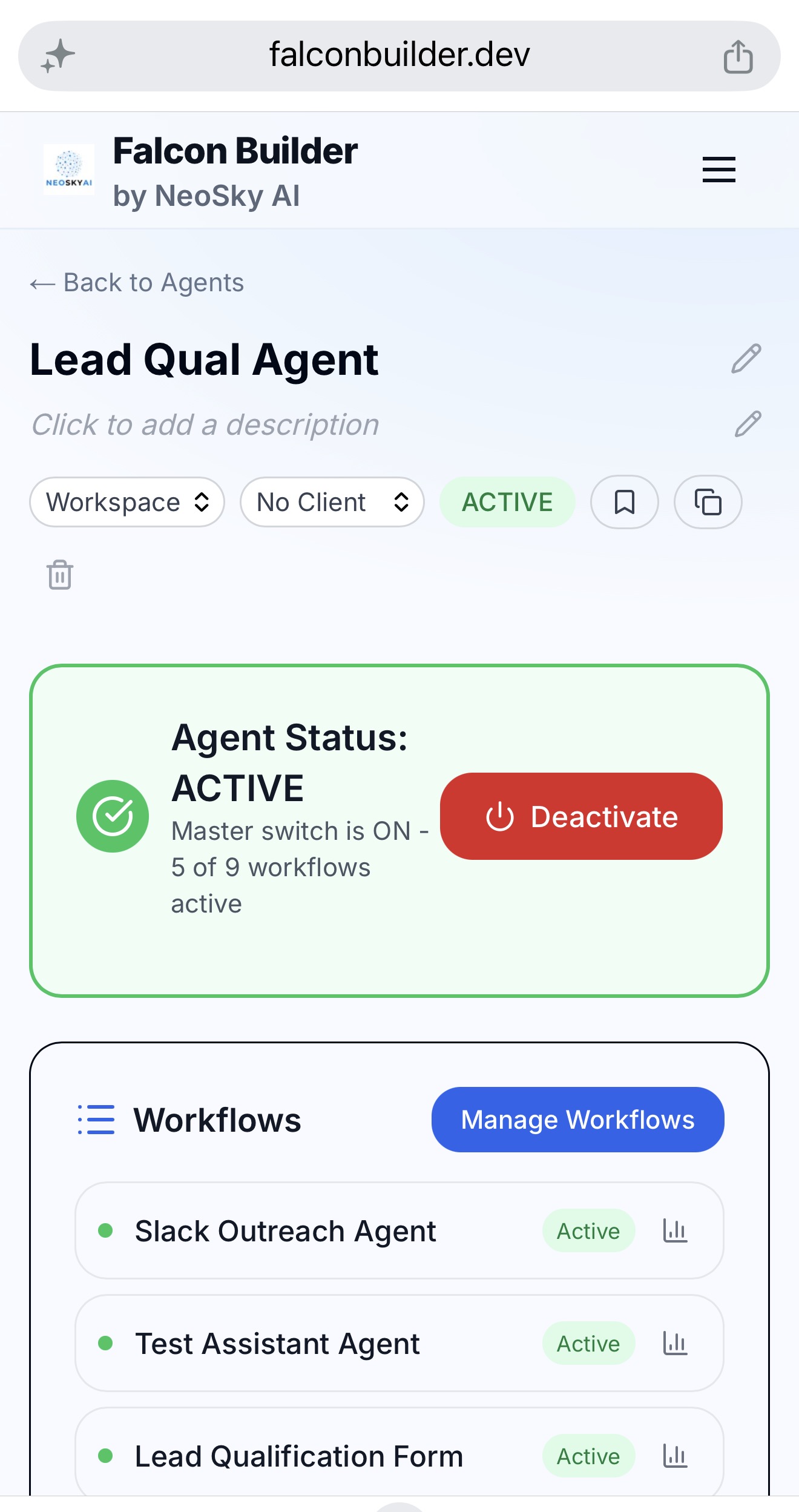A Falcon Builder agent page with the Manage Workflows button