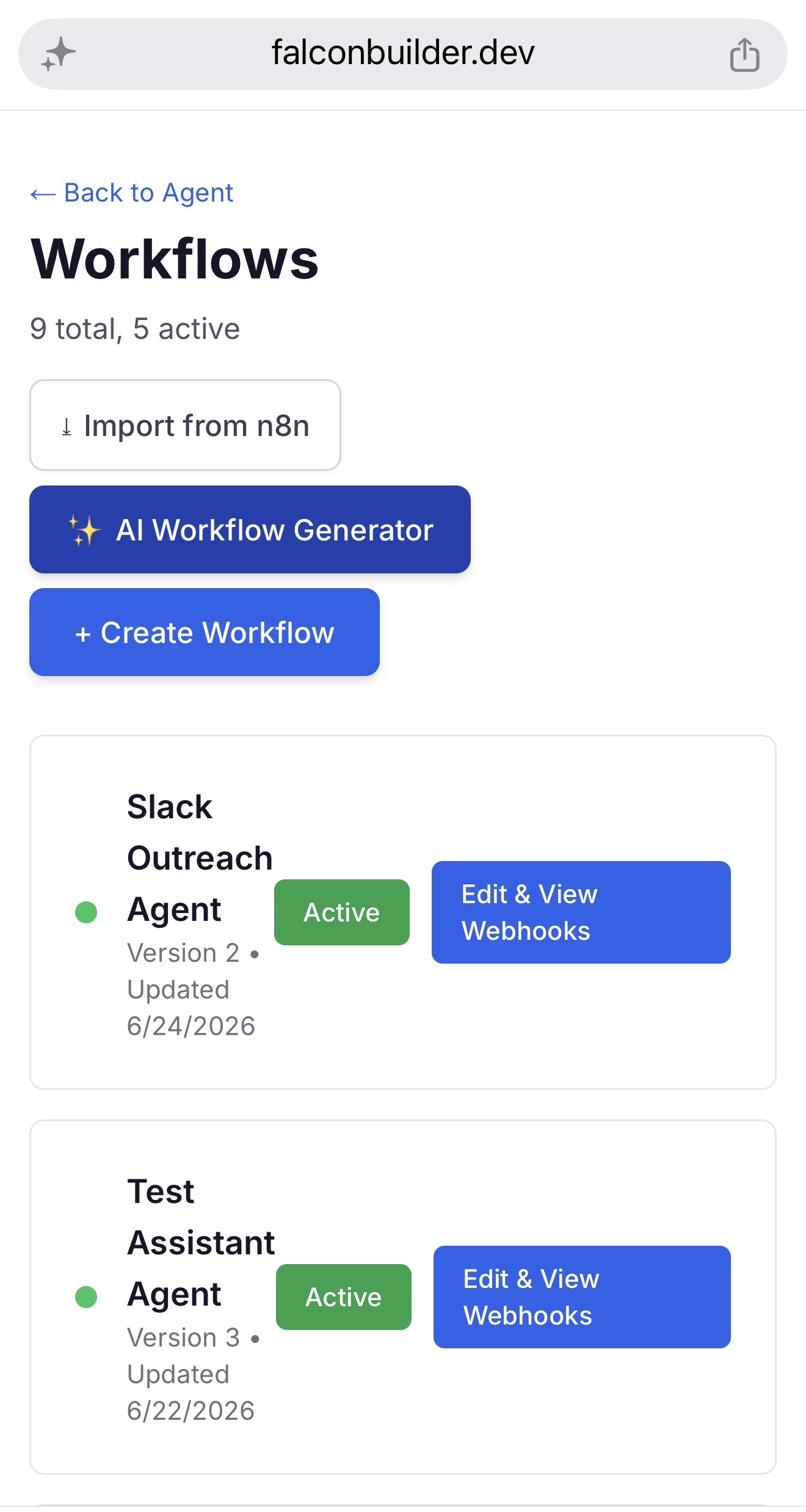 The Workflows page showing the Import from n8n button