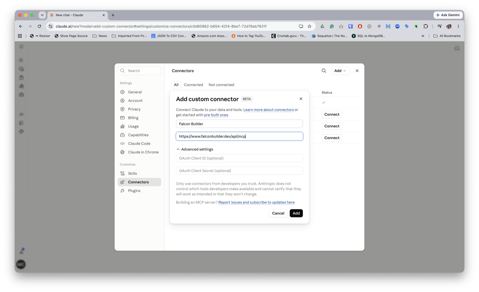 The Add custom connector dialog with the name 'Falcon Builder' and the MCP URL filled in, OAuth Client ID and Secret left empty