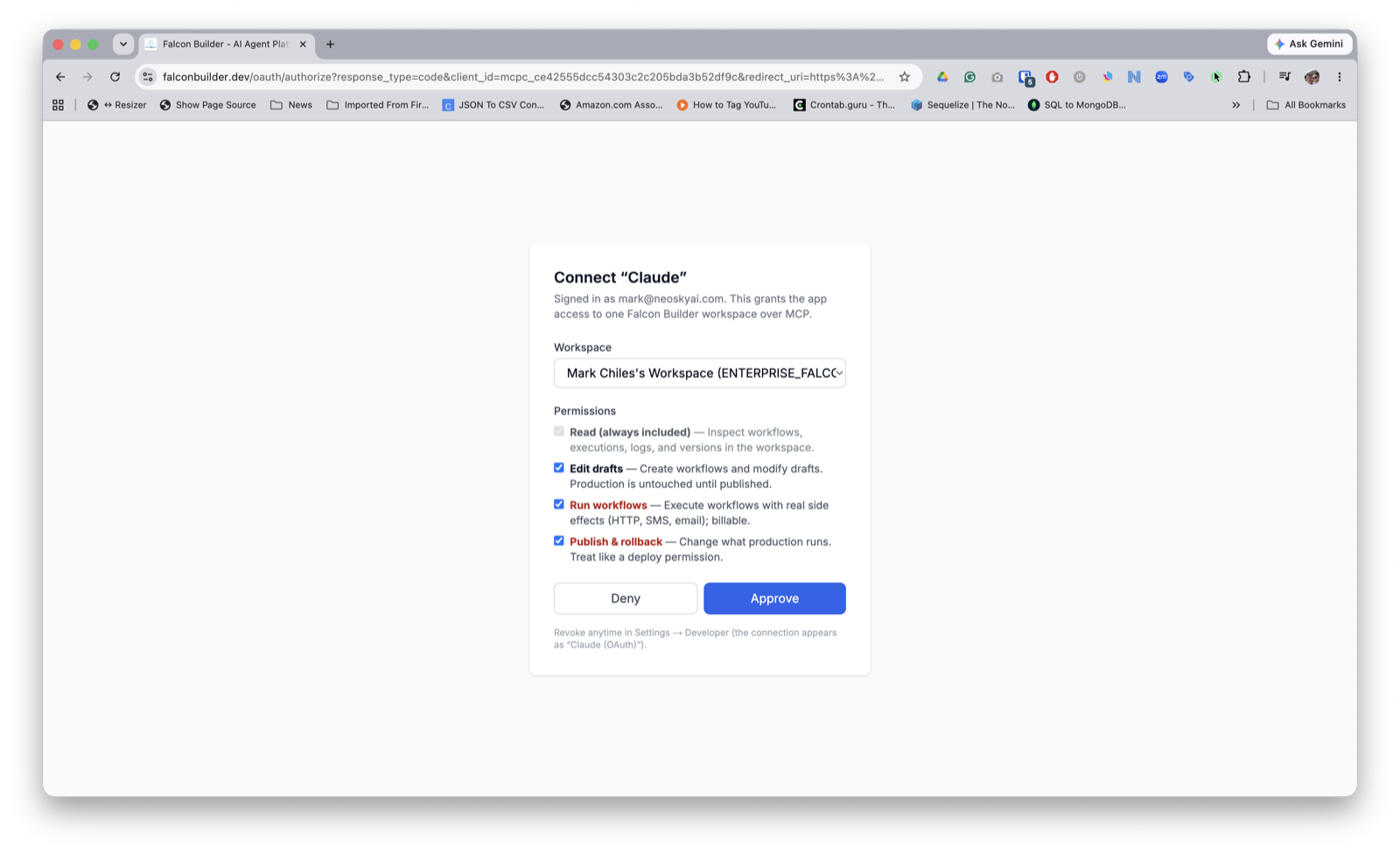 Falcon Builder's consent screen: signed-in user, a workspace picker, and permission checkboxes for Edit drafts, Run workflows, and Publish & rollback