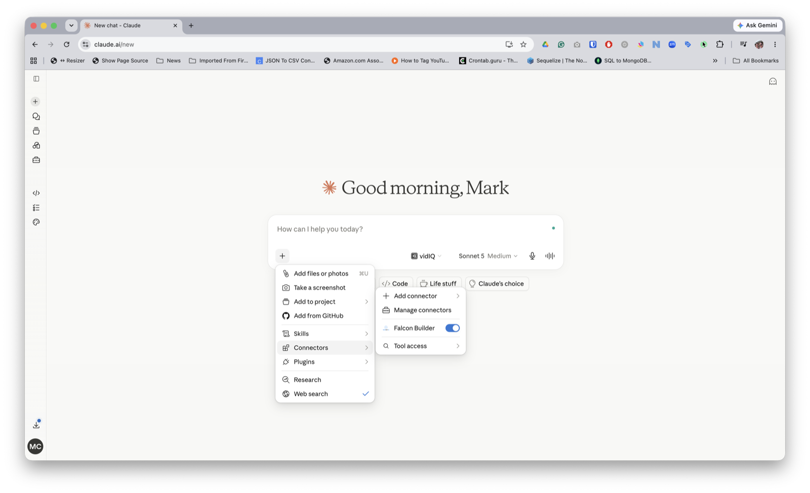 The claude.ai chat plus-menu with Connectors open and the Falcon Builder toggle switched on